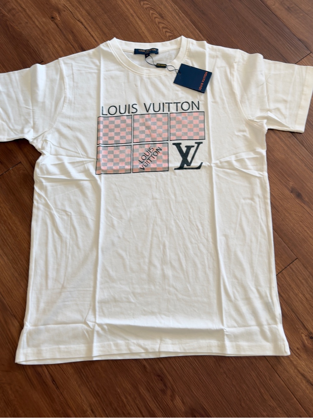 Louis Vuitton Men’s White Graphic Logo T-Shirt with Pink Checker Detail